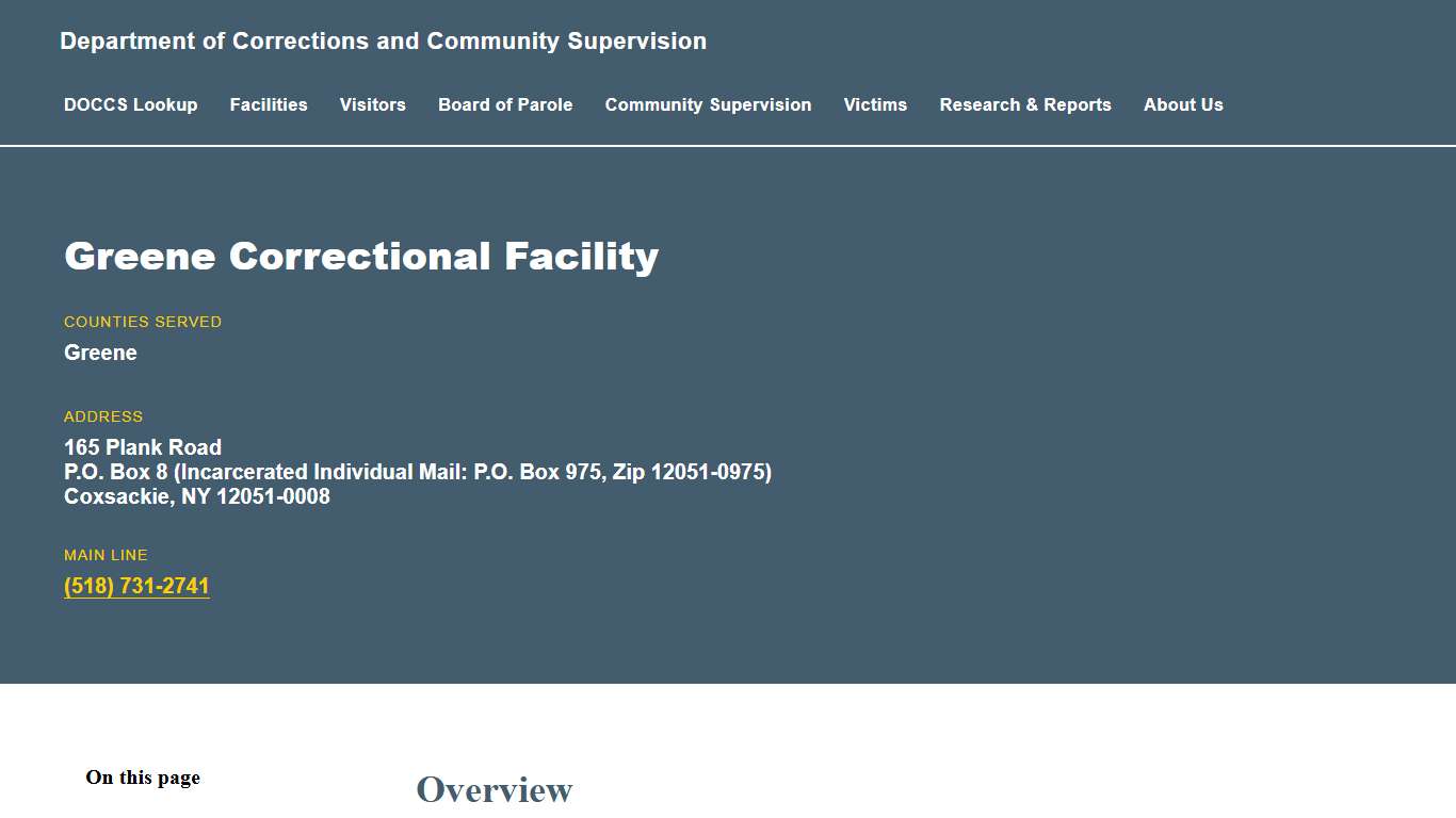 Greene Correctional Facility Department of Corrections and Community Supervision