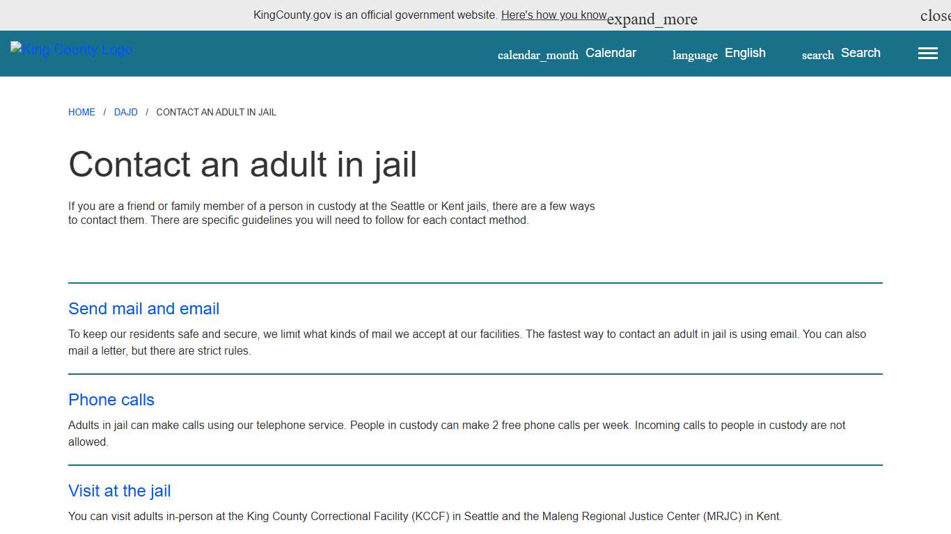 Contact an adult in jail - King County, Washington